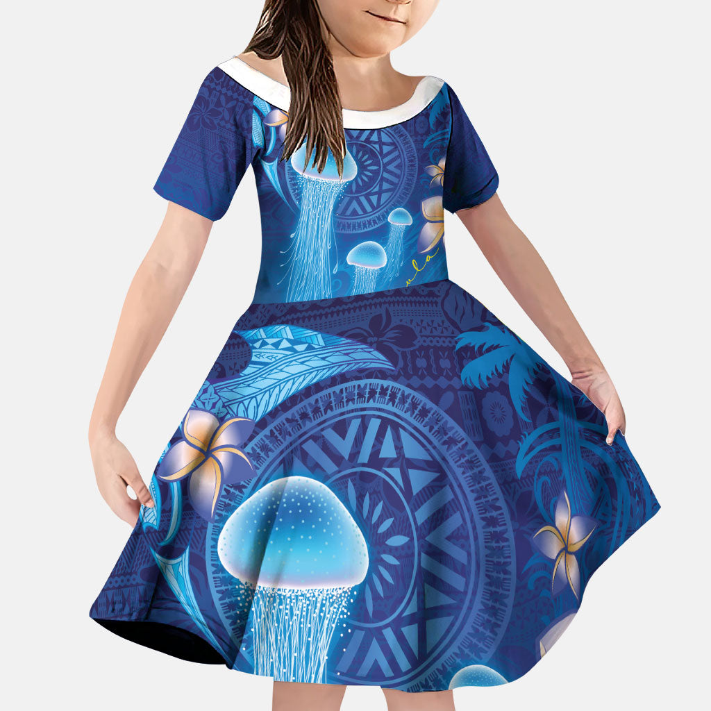 Fiji Jellyfish Family Matching Tank Maxi Dress and Hawaiian Shirt Tapa Patterns and Hibiscus Sea Vibe LT03 Daughter's Dress Blue - Polynesian Pride