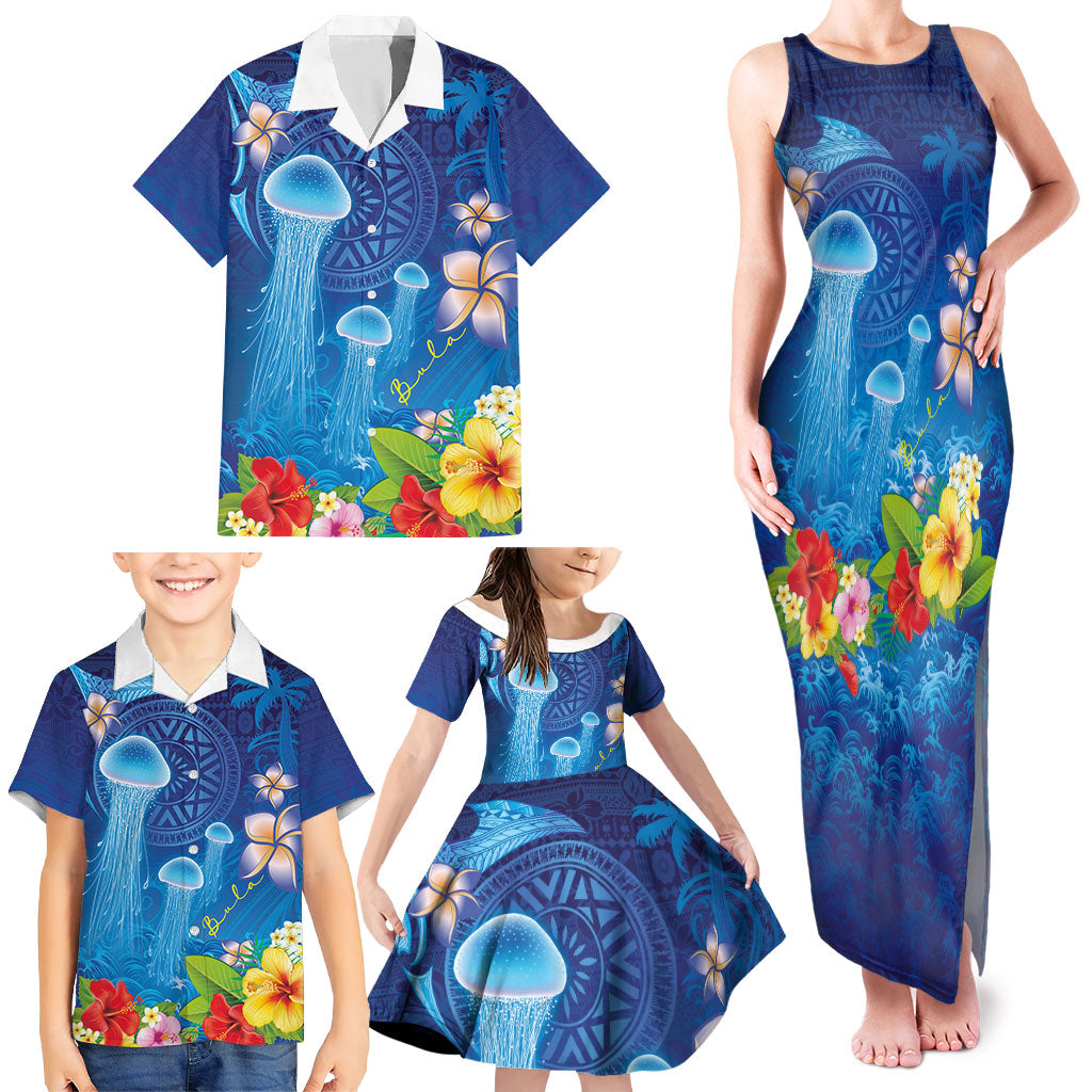 Fiji Jellyfish Family Matching Tank Maxi Dress and Hawaiian Shirt Tapa Patterns and Hibiscus Sea Vibe LT03 - Polynesian Pride