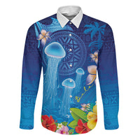 Fiji Jellyfish Family Matching Tank Maxi Dress and Hawaiian Shirt Tapa Patterns and Hibiscus Sea Vibe LT03 Dad's Shirt - Long Sleeve Blue - Polynesian Pride