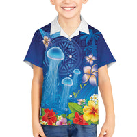 Fiji Jellyfish Family Matching Tank Maxi Dress and Hawaiian Shirt Tapa Patterns and Hibiscus Sea Vibe LT03 Son's Shirt Blue - Polynesian Pride
