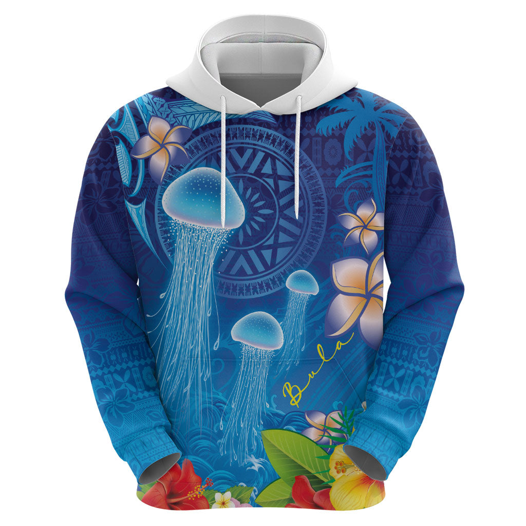 Fiji Jellyfish Hoodie Tapa Patterns and Hibiscus Sea Vibe
