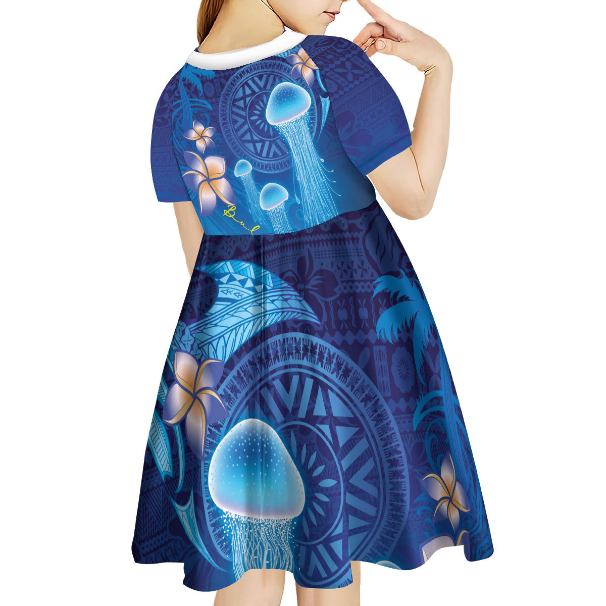 Fiji Jellyfish Kid Short Sleeve Dress Tapa Patterns and Hibiscus Sea Vibe