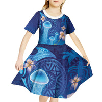 Fiji Jellyfish Kid Short Sleeve Dress Tapa Patterns and Hibiscus Sea Vibe