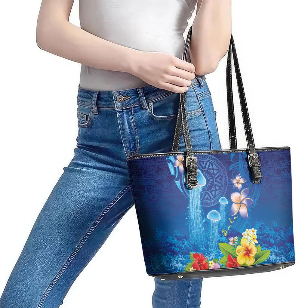 Fiji Jellyfish Leather Tote Bag Tapa Patterns and Hibiscus Sea Vibe