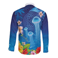 Fiji Jellyfish Long Sleeve Button Shirt Tapa Patterns and Hibiscus Sea Vibe
