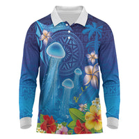 Fiji Jellyfish Long Sleeve Polo Shirt Tapa Patterns and Hibiscus Sea Vibe
