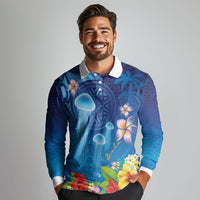 Fiji Jellyfish Long Sleeve Polo Shirt Tapa Patterns and Hibiscus Sea Vibe