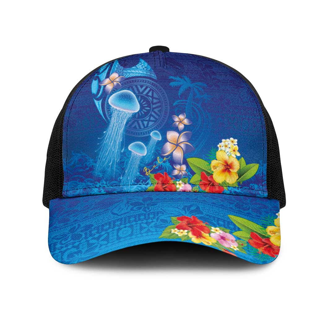 Fiji Jellyfish Mesh Trucker Cap Tapa Patterns and Hibiscus Sea Vibe