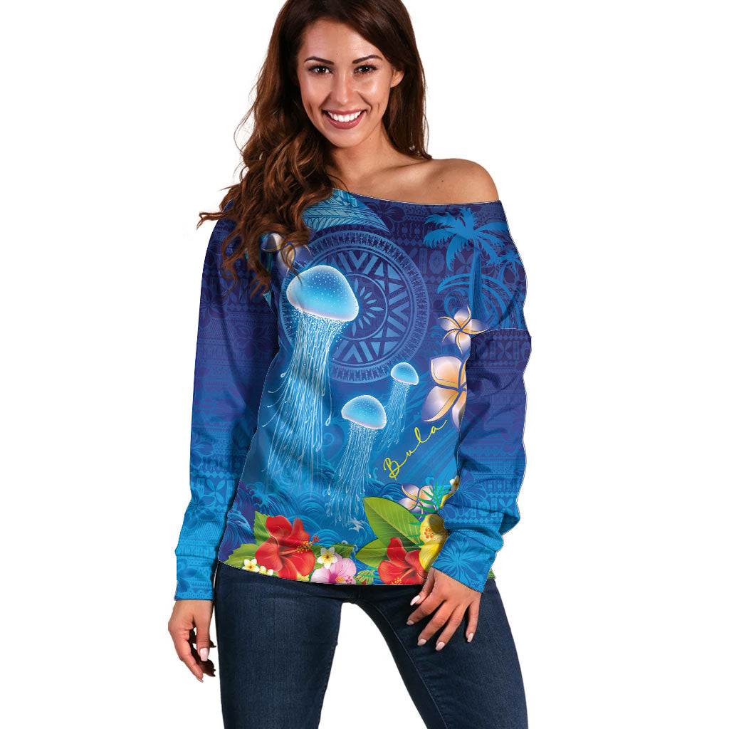 Fiji Jellyfish Off Shoulder Sweater Tapa Patterns and Hibiscus Sea Vibe