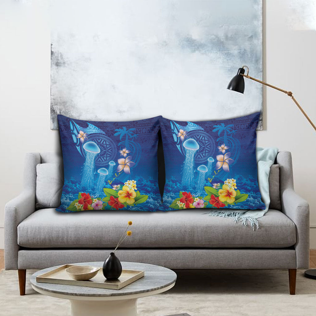 Fiji Jellyfish Pillow Cover Tapa Patterns and Hibiscus Sea Vibe