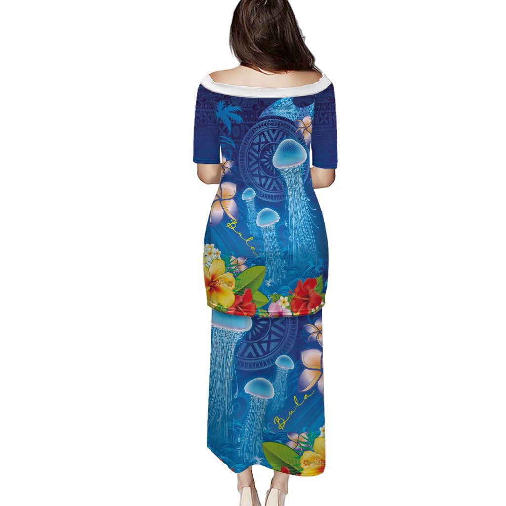 Fiji Jellyfish Puletasi Tapa Patterns and Hibiscus Sea Vibe