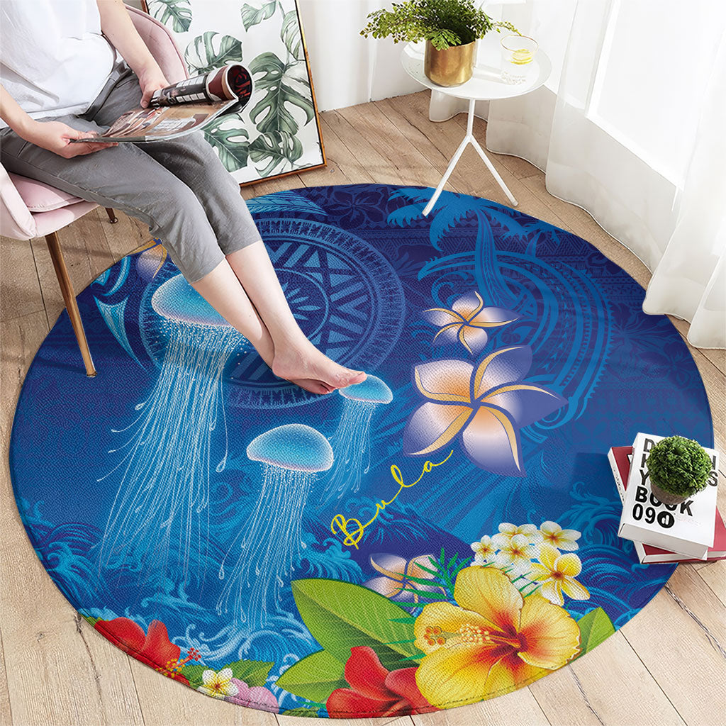 Fiji Jellyfish Round Carpet Tapa Patterns and Hibiscus Sea Vibe