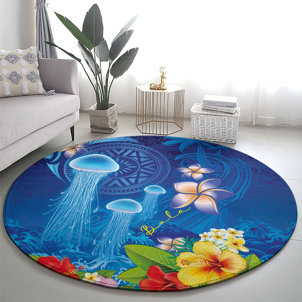 Fiji Jellyfish Round Carpet Tapa Patterns and Hibiscus Sea Vibe