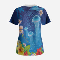 Fiji Jellyfish Scrub Top Tapa Patterns and Hibiscus Sea Vibe