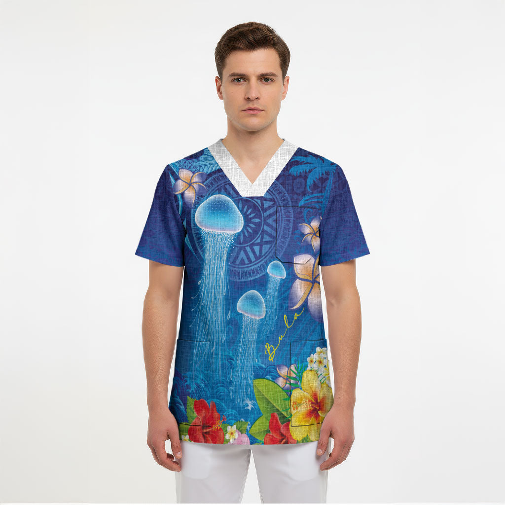 Fiji Jellyfish Scrub Top Tapa Patterns and Hibiscus Sea Vibe