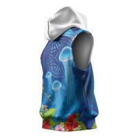 Fiji Jellyfish Sleeveless Hoodie Tapa Patterns and Hibiscus Sea Vibe