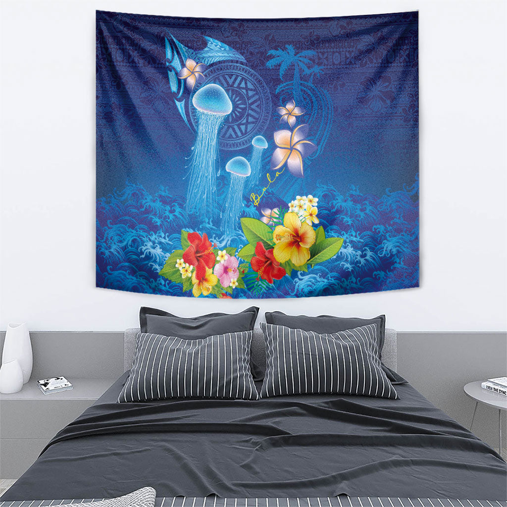 Fiji Jellyfish Tapestry Tapa Patterns and Hibiscus Sea Vibe