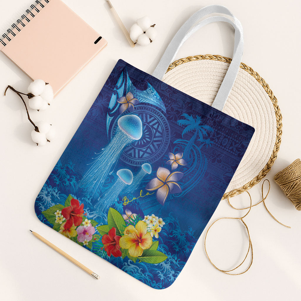 Fiji Jellyfish Tote Bag Tapa Patterns and Hibiscus Sea Vibe