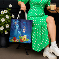 Fiji Jellyfish Tote Bag Tapa Patterns and Hibiscus Sea Vibe