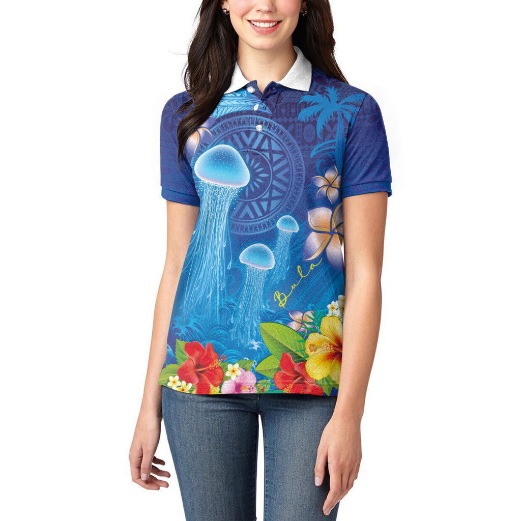 Fiji Jellyfish Women Polo Shirt Tapa Patterns and Hibiscus Sea Vibe