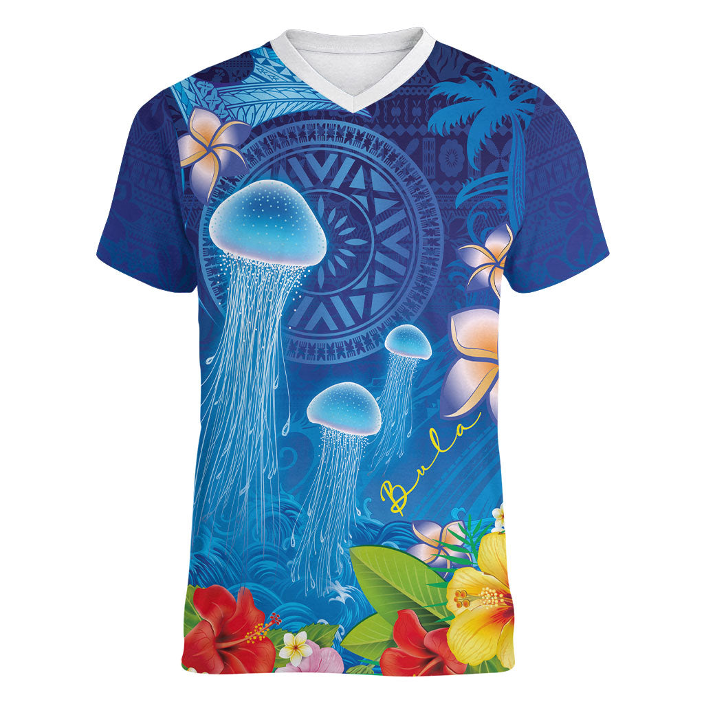 Fiji Jellyfish Women V-Neck T-Shirt Tapa Patterns and Hibiscus Sea Vibe