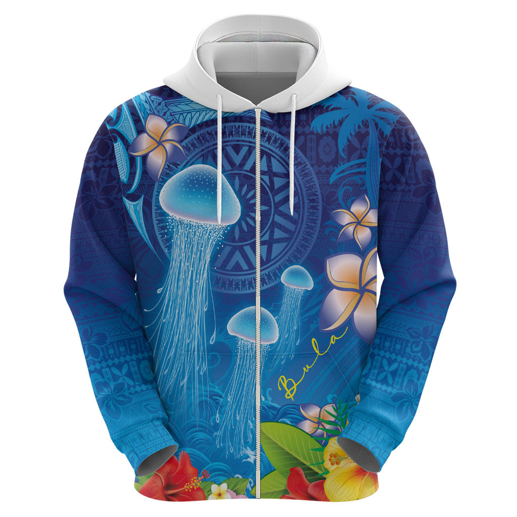 Fiji Jellyfish Zip Hoodie Tapa Patterns and Hibiscus Sea Vibe