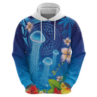 Fiji Jellyfish Zip Hoodie Tapa Patterns and Hibiscus Sea Vibe