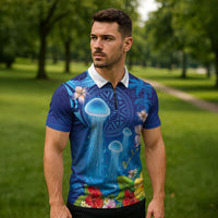 Fiji Jellyfish Zipper Polo Shirt Tapa Patterns and Hibiscus Sea Vibe