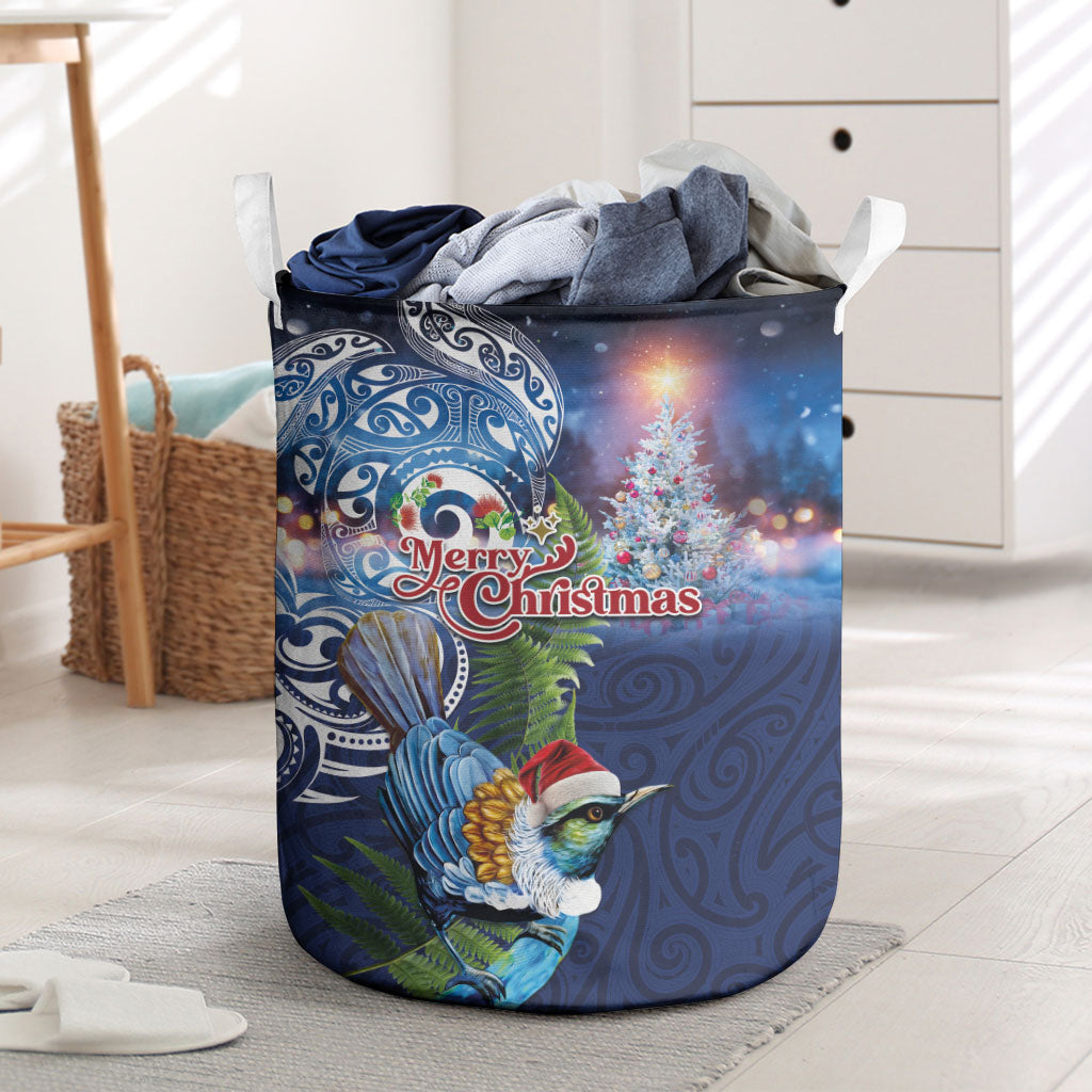 New Zealand Merry Christmas Laundry Basket Maori Tribal Pattern with Xmas Tui Bird