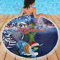 New Zealand Merry Christmas Beach Blanket Maori Tribal Pattern with Xmas Tui Bird