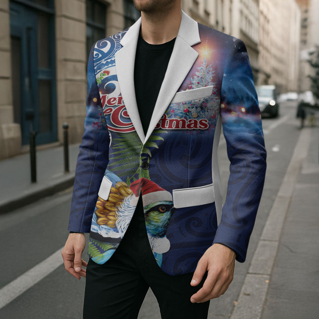 New Zealand Merry Christmas Blazer Maori Tribal Pattern with Xmas Tui Bird