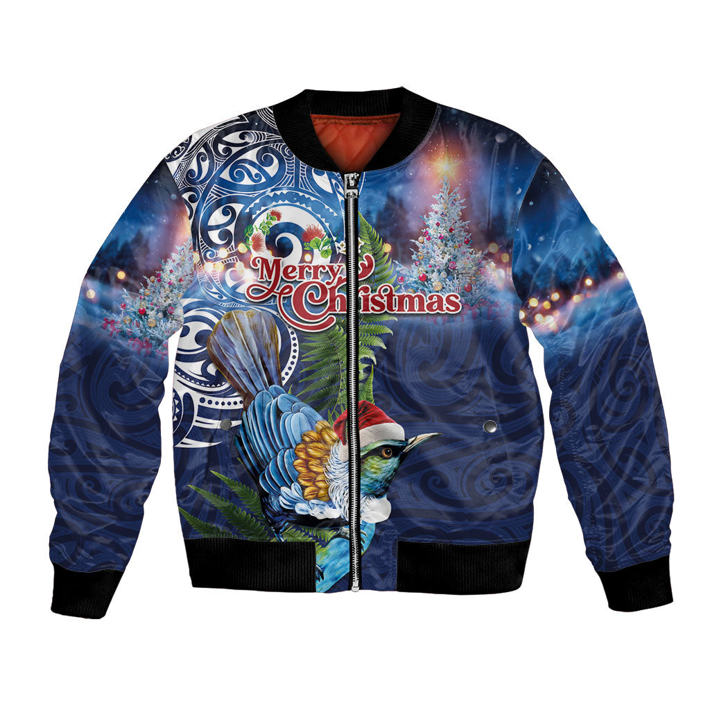 New Zealand Merry Christmas Bomber Jacket Maori Tribal Pattern with Xmas Tui Bird