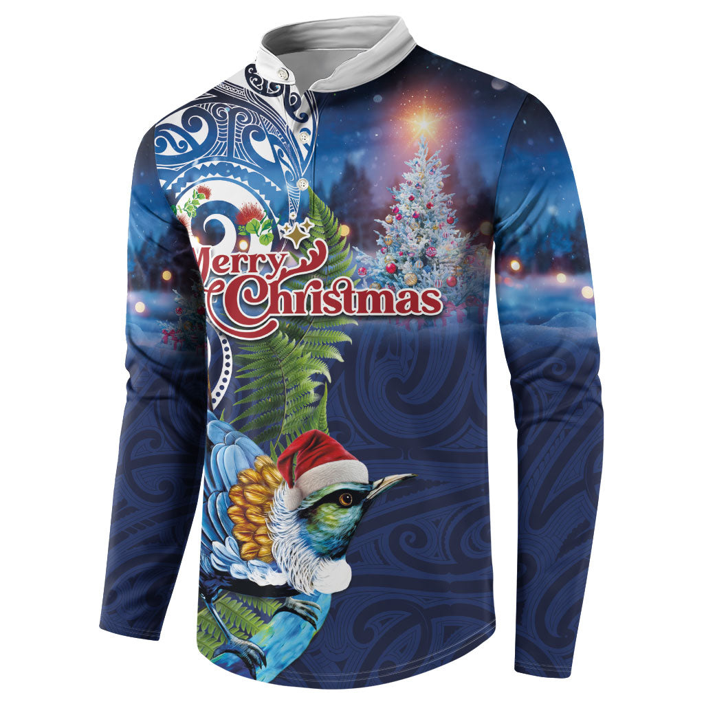 New Zealand Merry Christmas Button Sweatshirt Maori Tribal Pattern with Xmas Tui Bird