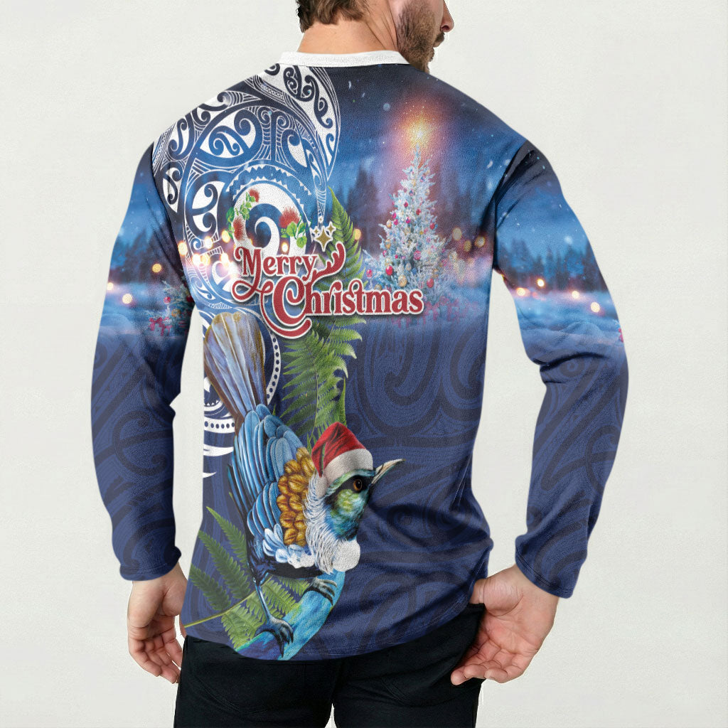 New Zealand Merry Christmas Button Sweatshirt Maori Tribal Pattern with Xmas Tui Bird