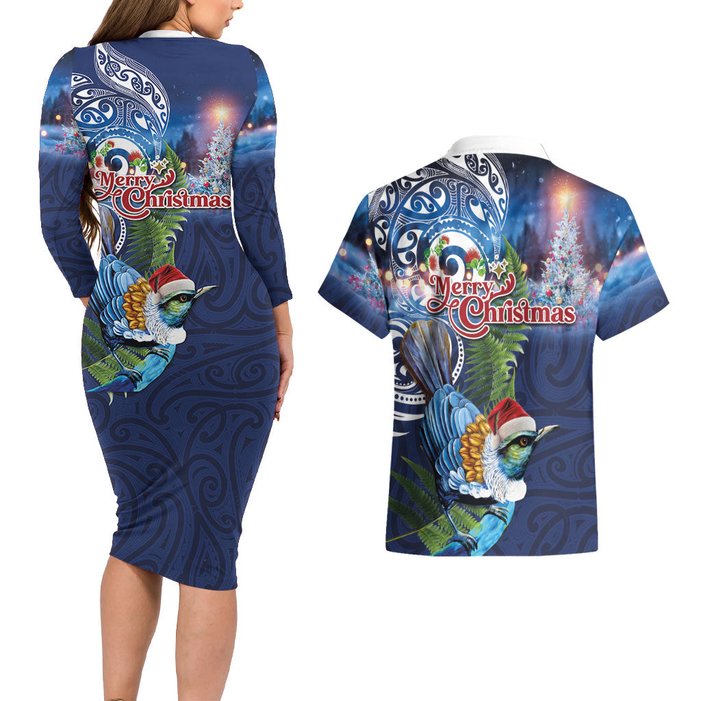 New Zealand Merry Christmas Couples Matching Long Sleeve Bodycon Dress and Hawaiian Shirt Maori Tribal Pattern with Xmas Tui Bird LT03 - Polynesian Pride