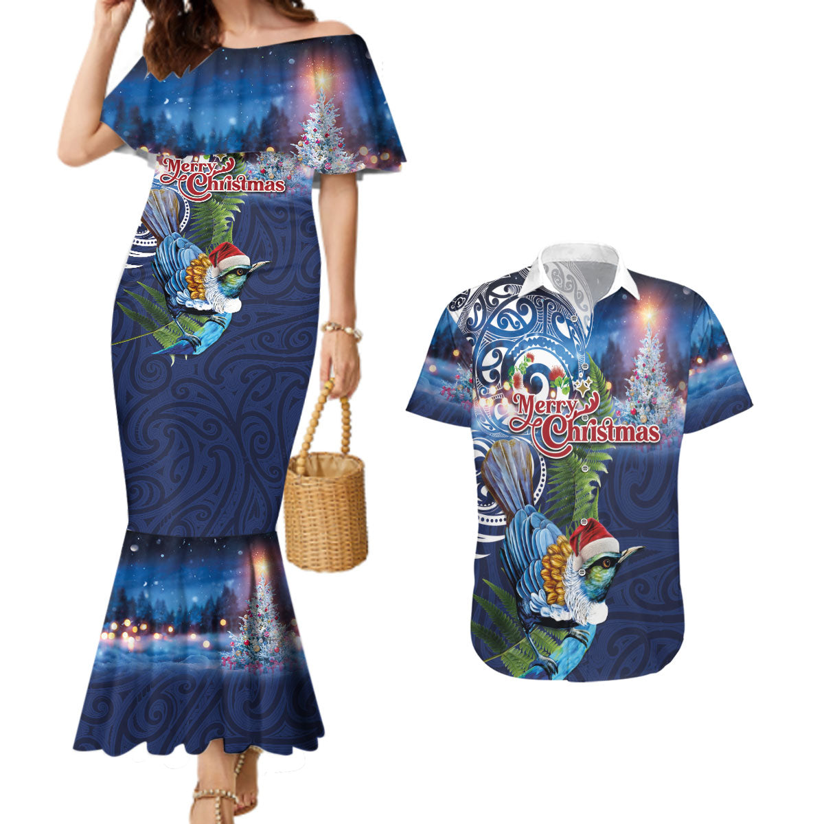 New Zealand Merry Christmas Couples Matching Mermaid Dress and Hawaiian Shirt Maori Tribal Pattern with Xmas Tui Bird LT03 Multicolor - Polynesian Pride