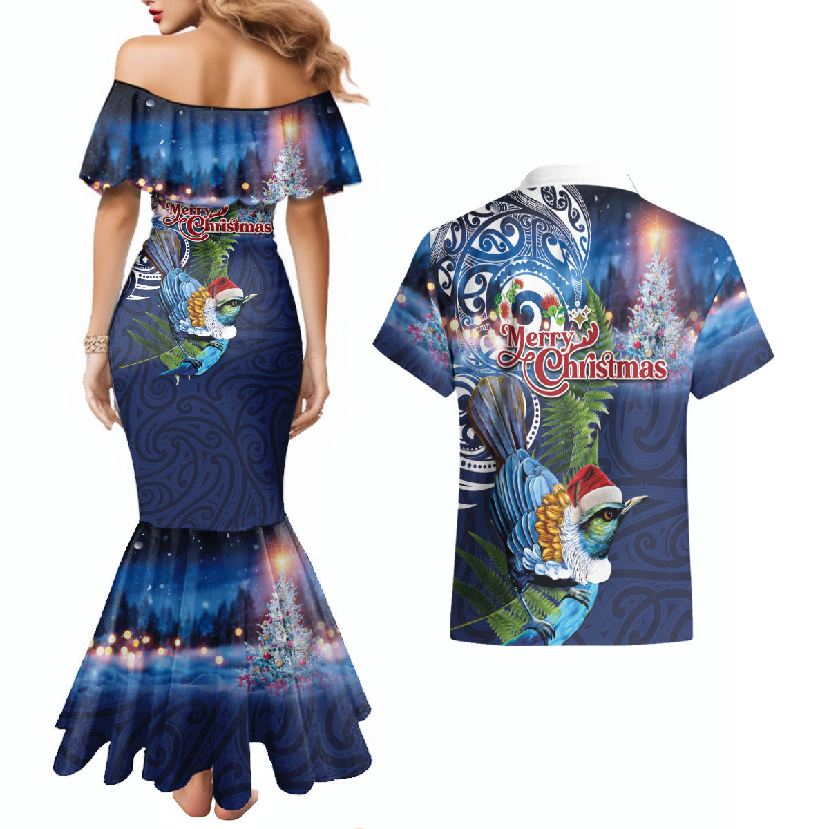 New Zealand Merry Christmas Couples Matching Mermaid Dress and Hawaiian Shirt Maori Tribal Pattern with Xmas Tui Bird LT03 - Polynesian Pride