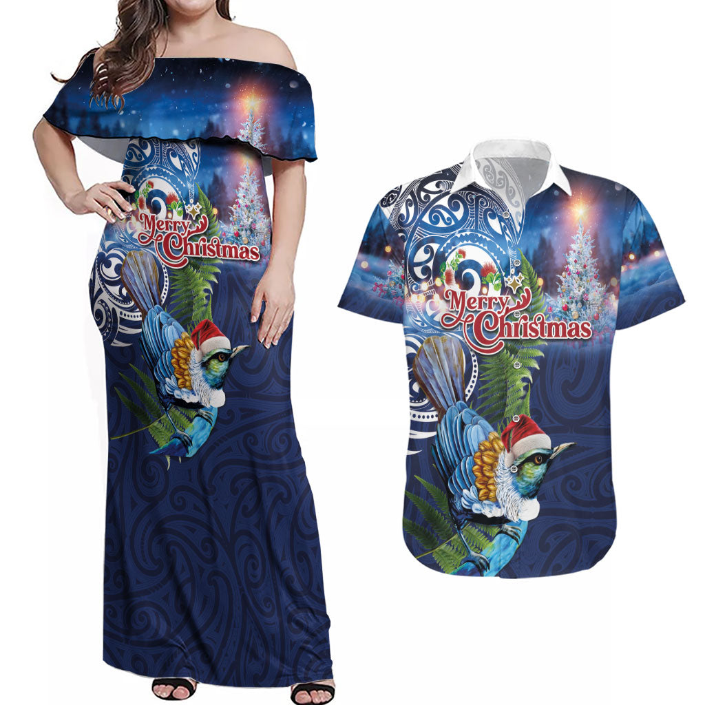 New Zealand Merry Christmas Couples Matching Off Shoulder Maxi Dress and Hawaiian Shirt Maori Tribal Pattern with Xmas Tui Bird LT03 Multicolor - Polynesian Pride