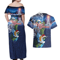 New Zealand Merry Christmas Couples Matching Off Shoulder Maxi Dress and Hawaiian Shirt Maori Tribal Pattern with Xmas Tui Bird LT03 - Polynesian Pride