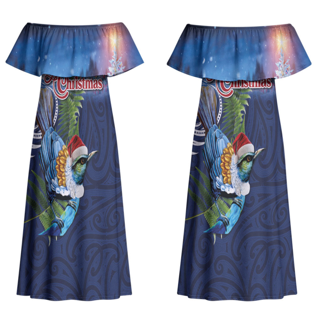 New Zealand Merry Christmas Couples Matching Off Shoulder Maxi Dress and Long Sleeve Button Shirt Maori Tribal Pattern with Xmas Tui Bird LT03 - Polynesian Pride