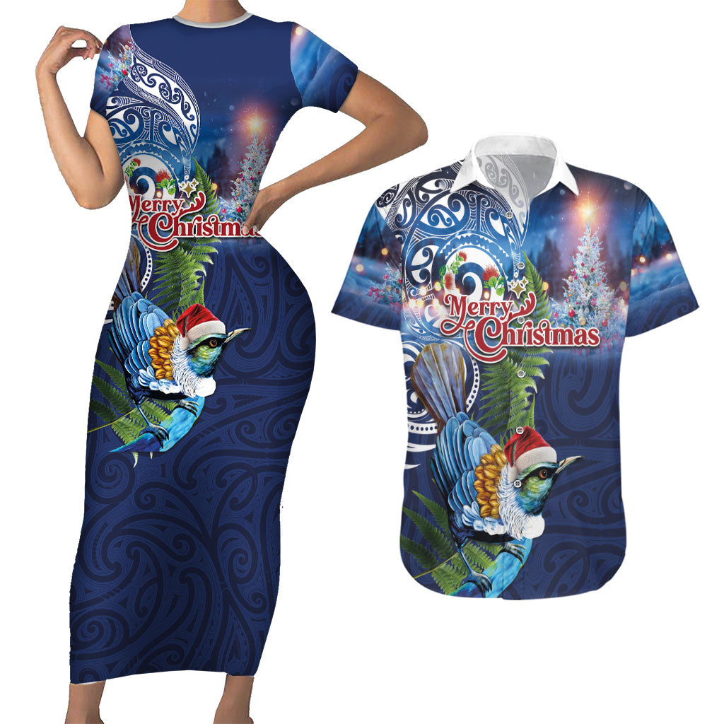New Zealand Merry Christmas Couples Matching Short Sleeve Bodycon Dress and Hawaiian Shirt Maori Tribal Pattern with Xmas Tui Bird LT03 Multicolor - Polynesian Pride