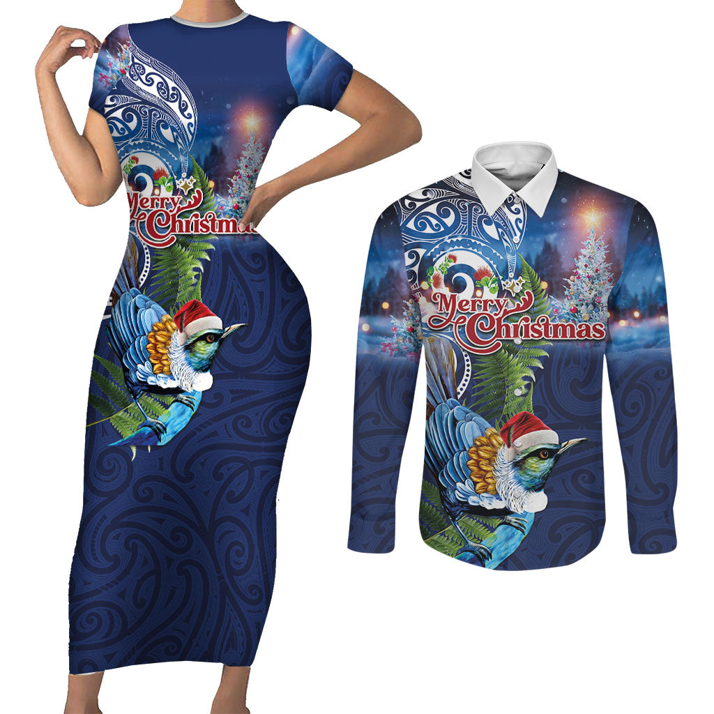 New Zealand Merry Christmas Couples Matching Short Sleeve Bodycon Dress and Long Sleeve Button Shirt Maori Tribal Pattern with Xmas Tui Bird LT03 Multicolor - Polynesian Pride