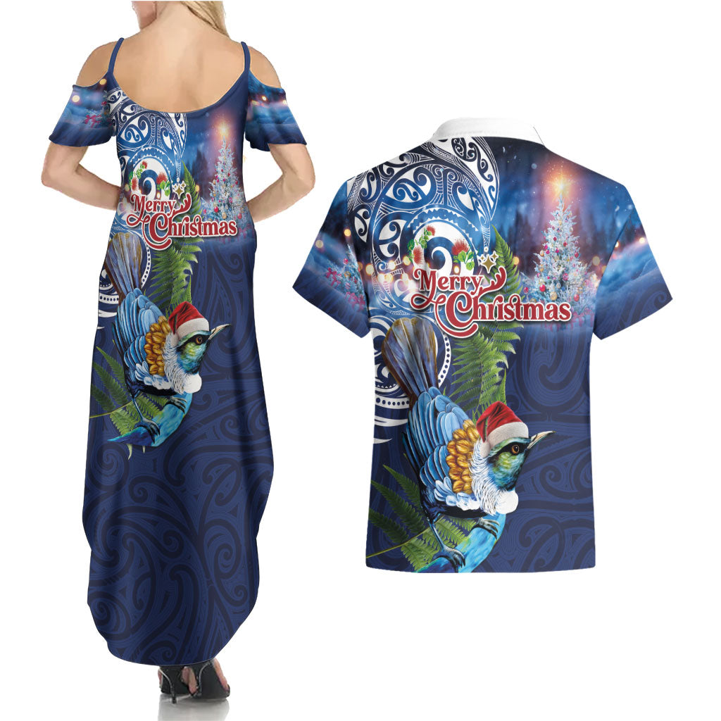 New Zealand Merry Christmas Couples Matching Summer Maxi Dress and Hawaiian Shirt Maori Tribal Pattern with Xmas Tui Bird LT03 - Polynesian Pride