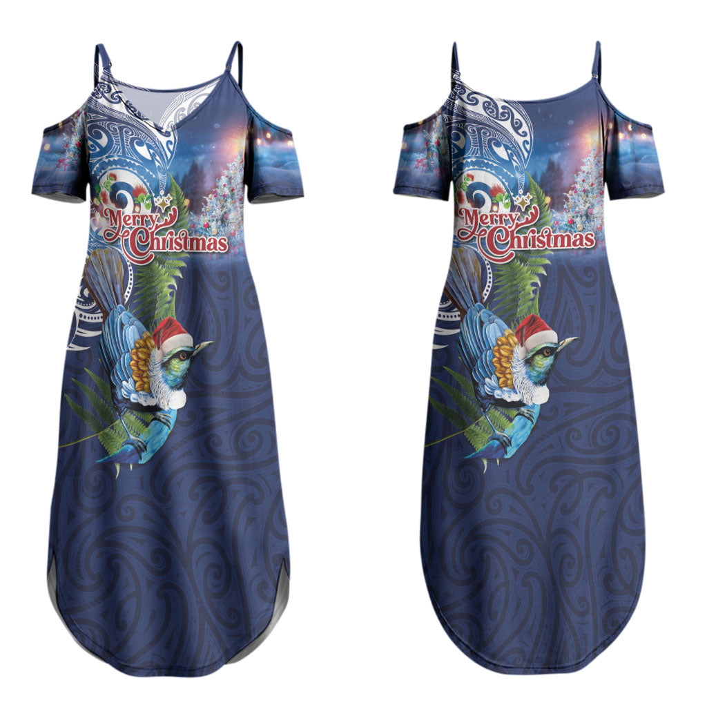 New Zealand Merry Christmas Couples Matching Summer Maxi Dress and Long Sleeve Button Shirt Maori Tribal Pattern with Xmas Tui Bird LT03 - Polynesian Pride