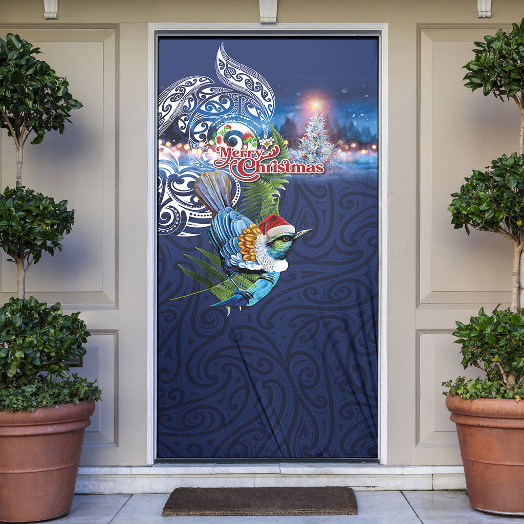 New Zealand Merry Christmas Door Cover Maori Tribal Pattern with Xmas Tui Bird