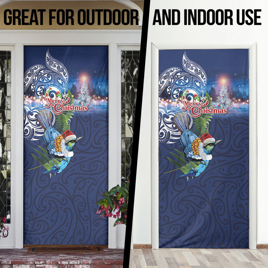 New Zealand Merry Christmas Door Cover Maori Tribal Pattern with Xmas Tui Bird