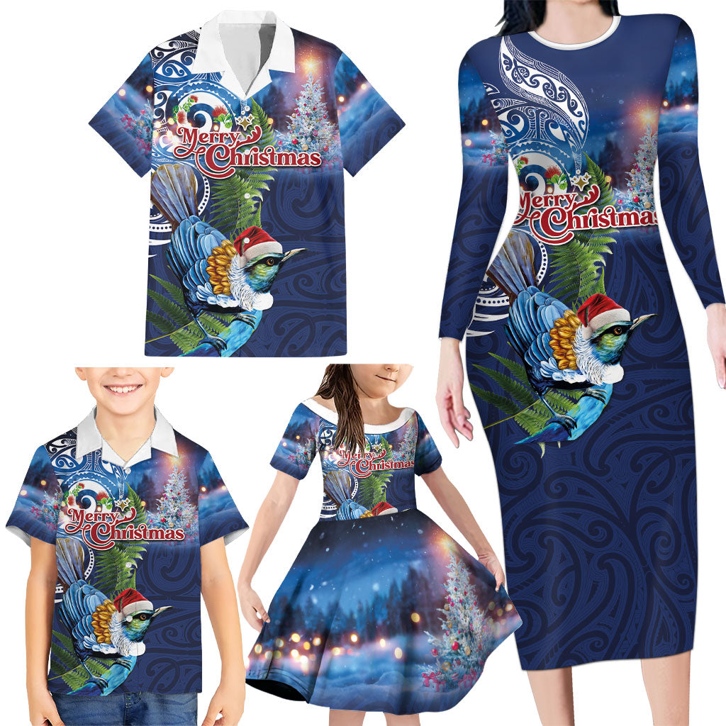 New Zealand Merry Christmas Family Matching Long Sleeve Bodycon Dress and Hawaiian Shirt Maori Tribal Pattern with Xmas Tui Bird LT03 - Polynesian Pride