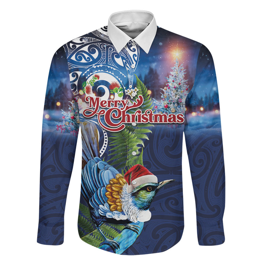 New Zealand Merry Christmas Family Matching Mermaid Dress and Hawaiian Shirt Maori Tribal Pattern with Xmas Tui Bird LT03 Dad's Shirt - Long Sleeve Multicolor - Polynesian Pride