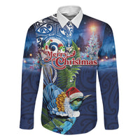 New Zealand Merry Christmas Family Matching Mermaid Dress and Hawaiian Shirt Maori Tribal Pattern with Xmas Tui Bird LT03 Dad's Shirt - Long Sleeve Multicolor - Polynesian Pride