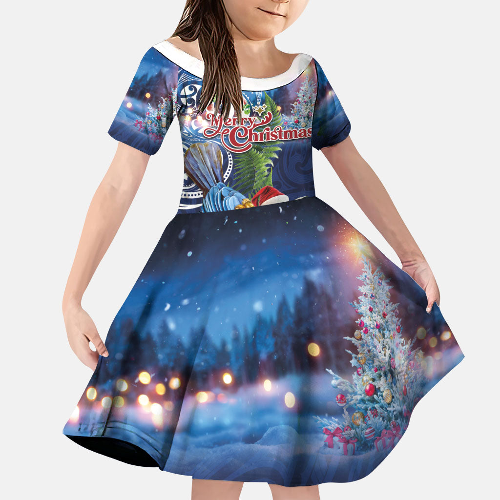 New Zealand Merry Christmas Family Matching Off The Shoulder Long Sleeve Dress and Hawaiian Shirt Maori Tribal Pattern with Xmas Tui Bird LT03 Daughter's Dress Multicolor - Polynesian Pride